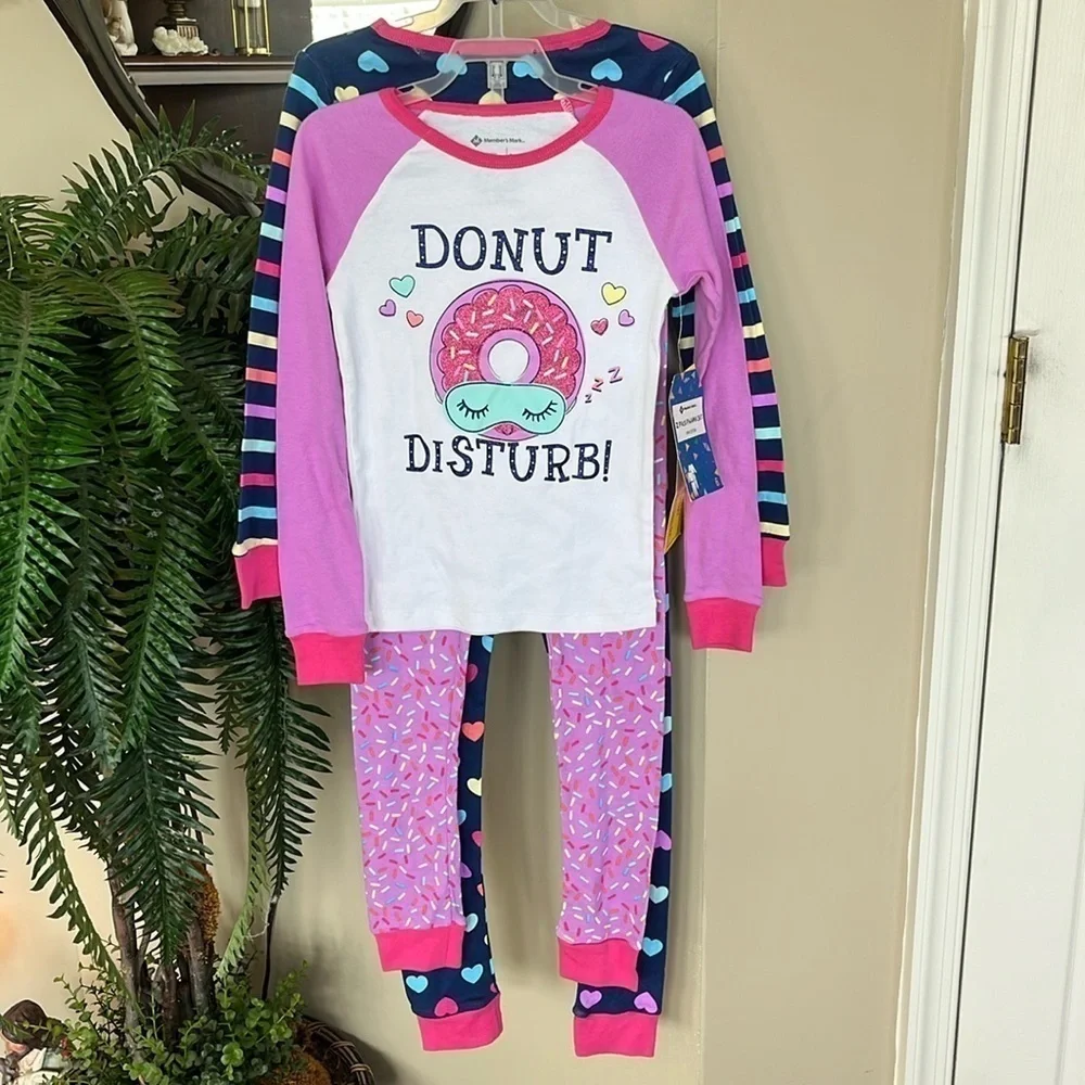 Brand New 2 Pack Pajama Set Donut Stripes Hearts Long Sleeve Top Pants Sleepwear